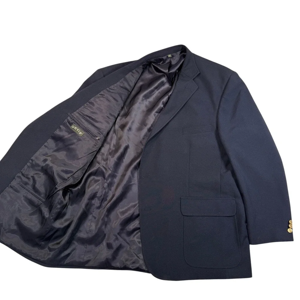 Orvis Mens Navy Blue Wool Blend 3-Button Blazer‎ Sport Coat 50R USA Gold Buttons